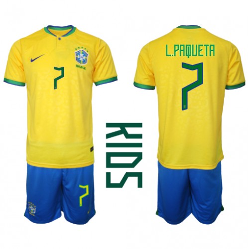 Fotbalové Dres Brazílie Lucas Paqueta #7 Dětské Domácí MS 2022 Krátký Rukáv (+ trenýrky)